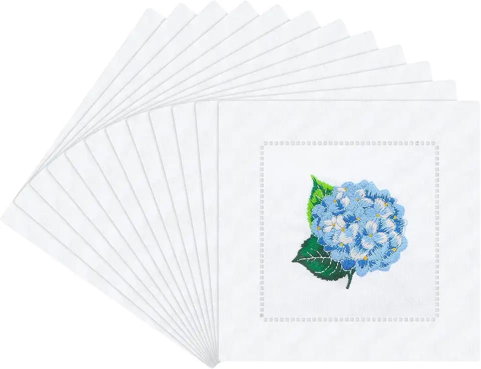 Mindsoft 12 Pcs Embroidered Linen Cocktail Napkins, 6x6" Hydrangea Party
