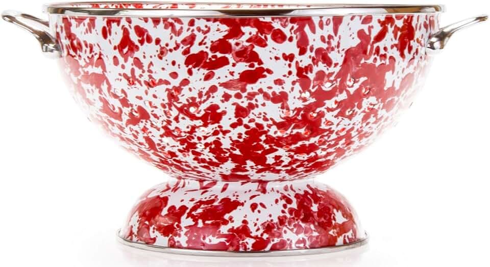 Golden Rabbit Enamelware Large Colander, 5 quart, Red Swirl