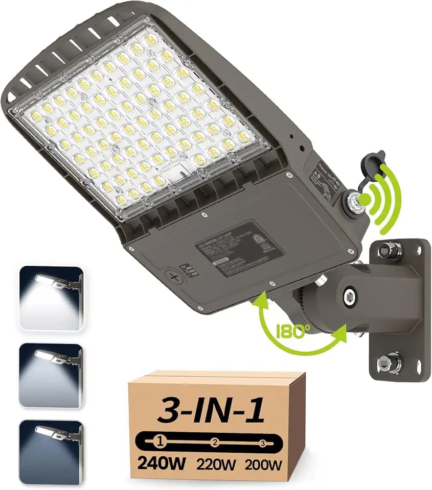 LED Parking Lot Light 240W/220W/200W Selectable, Dimmable 38400LM 160LM/W 5000K, Dusk to Dawn Photocell, IP65/ETL/100-277V, Arm Mount & Slip Fitter for Plazas, Streets, Commercial Areas & Lots