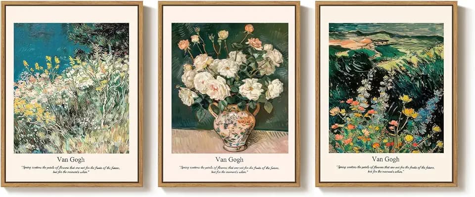 Framed Van Gogh Wall Art Set of 3, Vintage Floral and Landscape Canvas Prints, Roses and Wildflower Field Paintings for Living Room Bedroom Dining Room Office Wall Decor, 12x16 Inch