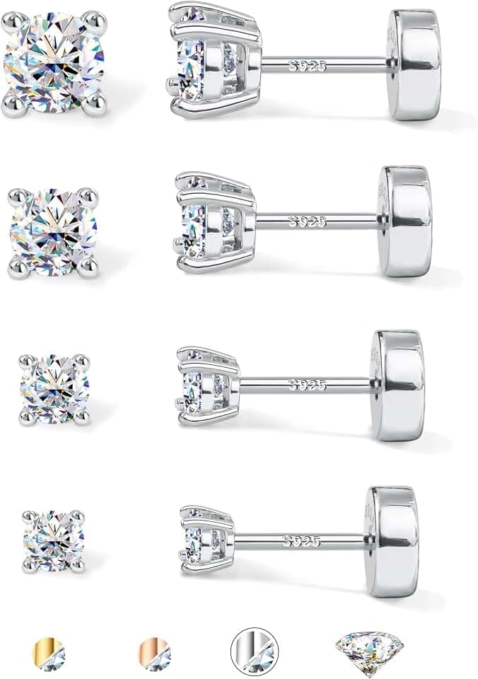 GEMQUEEN 3/4 Pairs Moissanite Earrings Flat Back 925 Sterling Silver Studs