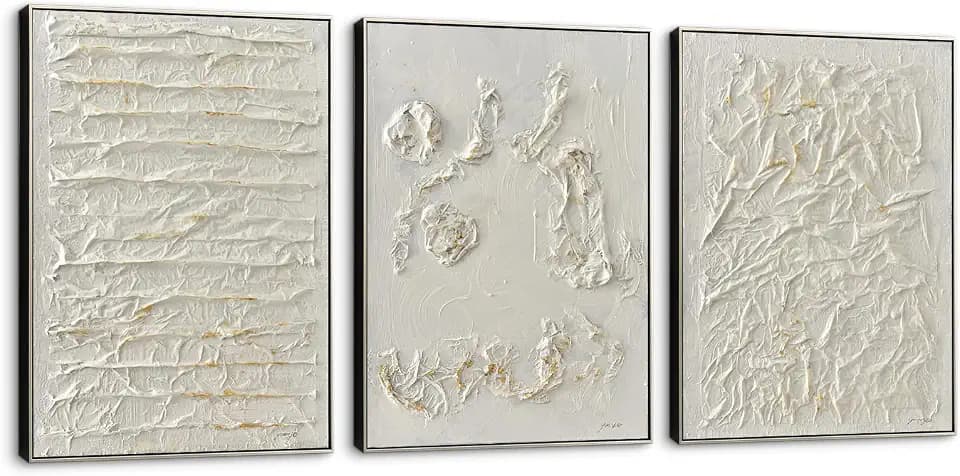 Pinetree Art Abstract Paintings Neutral Wall Art for Living Room, Framed Large Wall Decor 3D Textured Hand Painted Artwork for Home Office Decor, 19.8x27.8 Inches, Set of 3