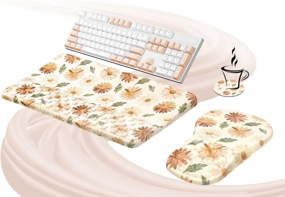 Ospelelf Keyboard Wrist Rest and Mouse Pad Set, Ergonomic Memory Foam Wrist Support, Aesthetic Desk Accessories for Office, Home & Gaming, Relief for Carpal Tunnel & Wrist Pain, Daisy