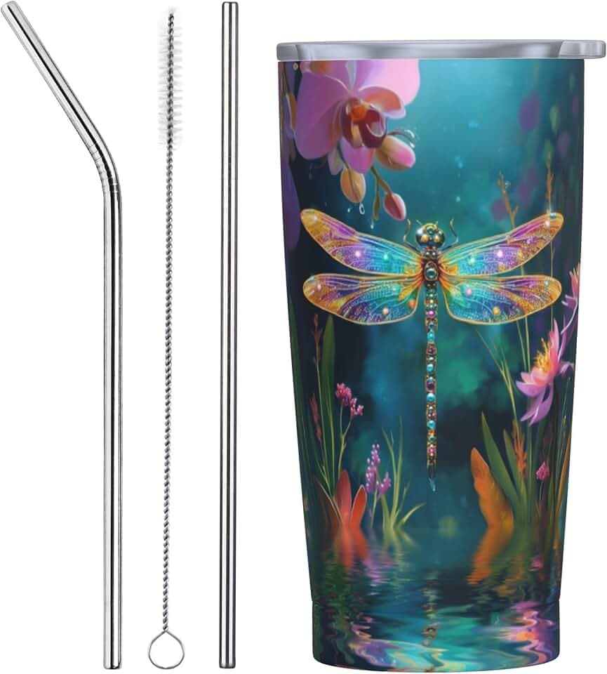 Dragonfly Tumbler with Lid and Straw 20 OZ Stainless Steel Travel Coffee Mug Double Wall Insulated Cup Leakproof for Car Sports Cafe Office