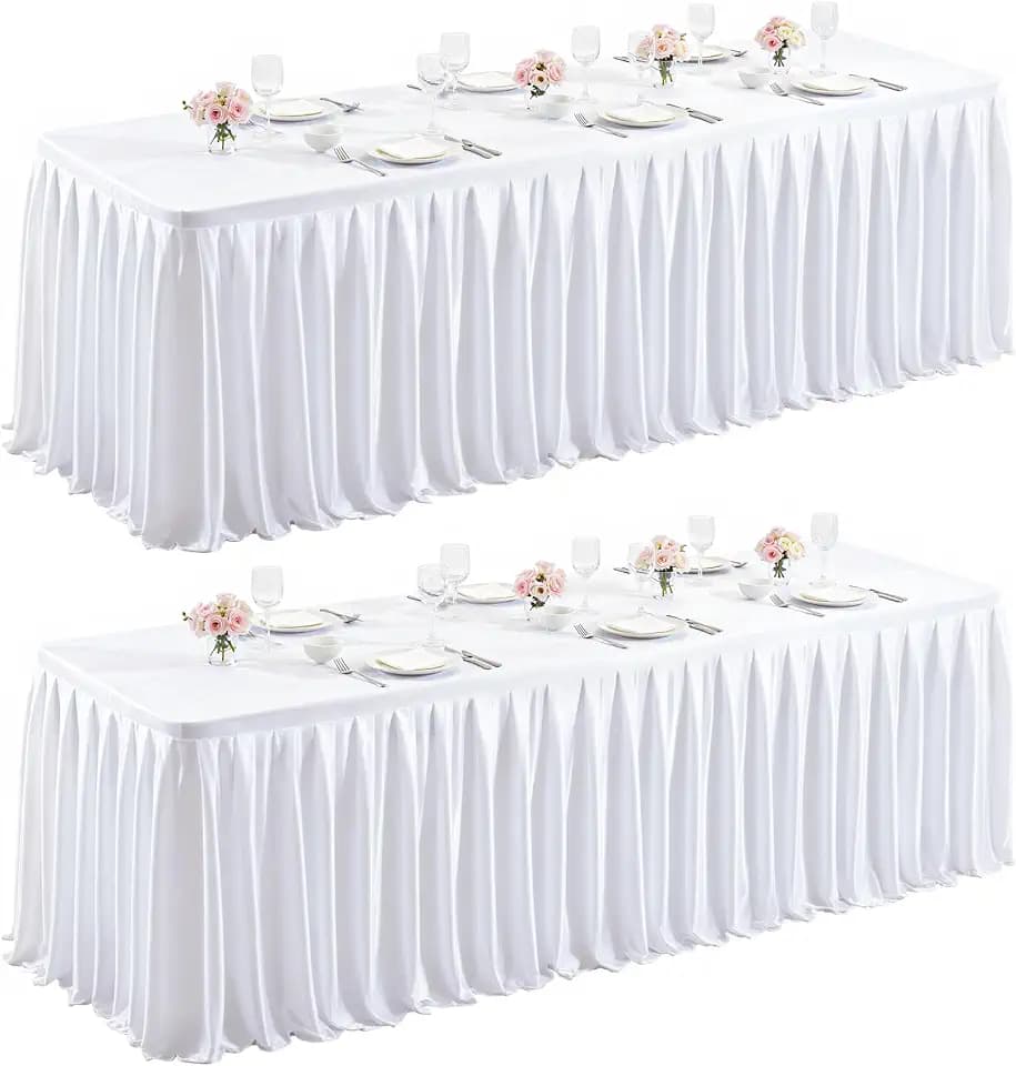 2 Packs White Satin Tablecloths Rectangle 4FT,Glitter Spandex Fitted Stretch Table Covers Wrinkle-Resistant Floor Length Shimmer Pleated Table Skirt for Wedding Parties Baby Shower Banquets