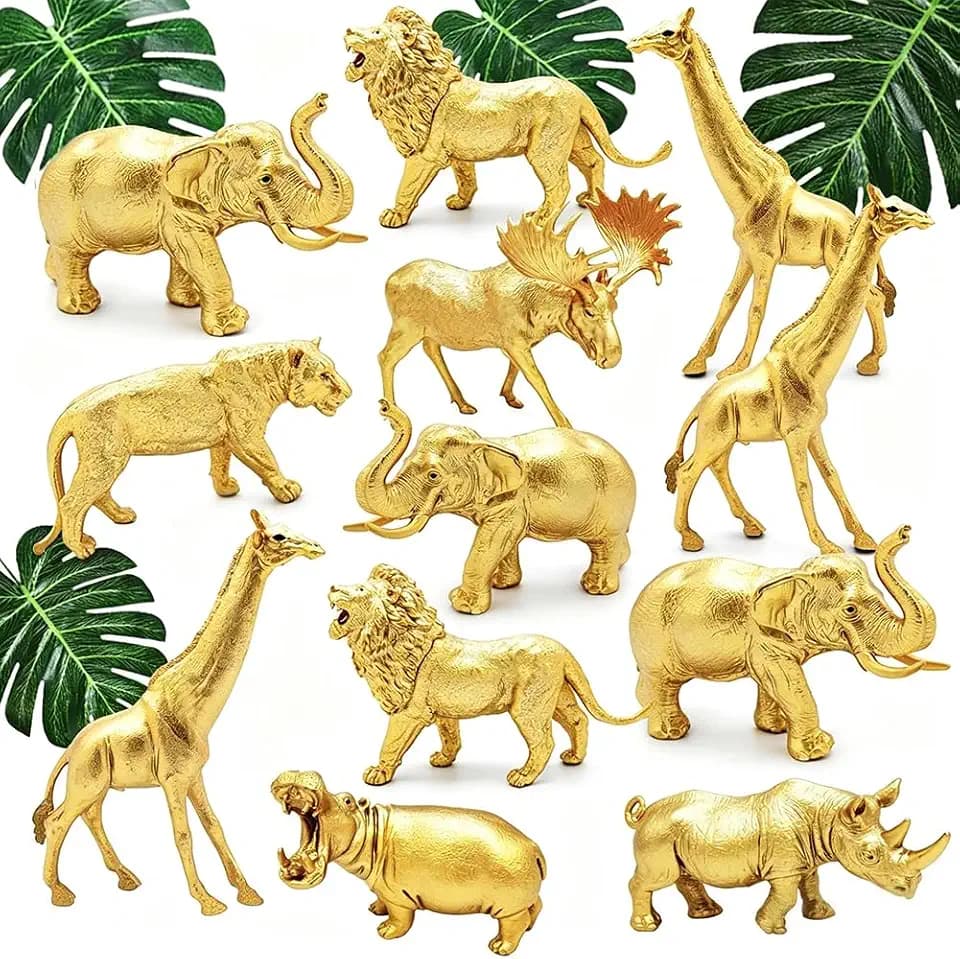 BOLZRA 12Pcs Metallic Gold Plastic Animal Figurines Toy for Party Decor