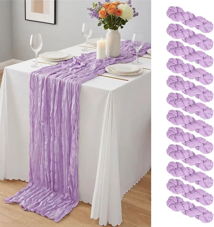 12 Pack Lavender Cheesecloth Table Runner 10Ft, Lilac Purple Table Runners 21.5 x 120 inch,Semi Sheer Cheese Cloth Fabric Runner Bulk for Wedding,Party,Baby Shower,Bridal Shower