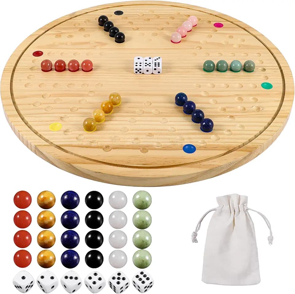 Double-Sided Wahoo Marble Board Game Set - Solid Wood 4-6 Player Family Game with 24 Natural Marble Pieces, 6 Dice & Waterproof Coating - Luxury Wooden Strategy Game