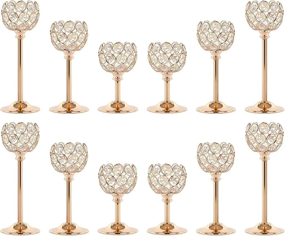 Crystal Candle Holders 4 Set of 12 - Gold Vintage Hollow Ball Candle Stand for Table Centerpiece, Crystal Metal Tealight Candlestick for Wedding, Dining Room Decor