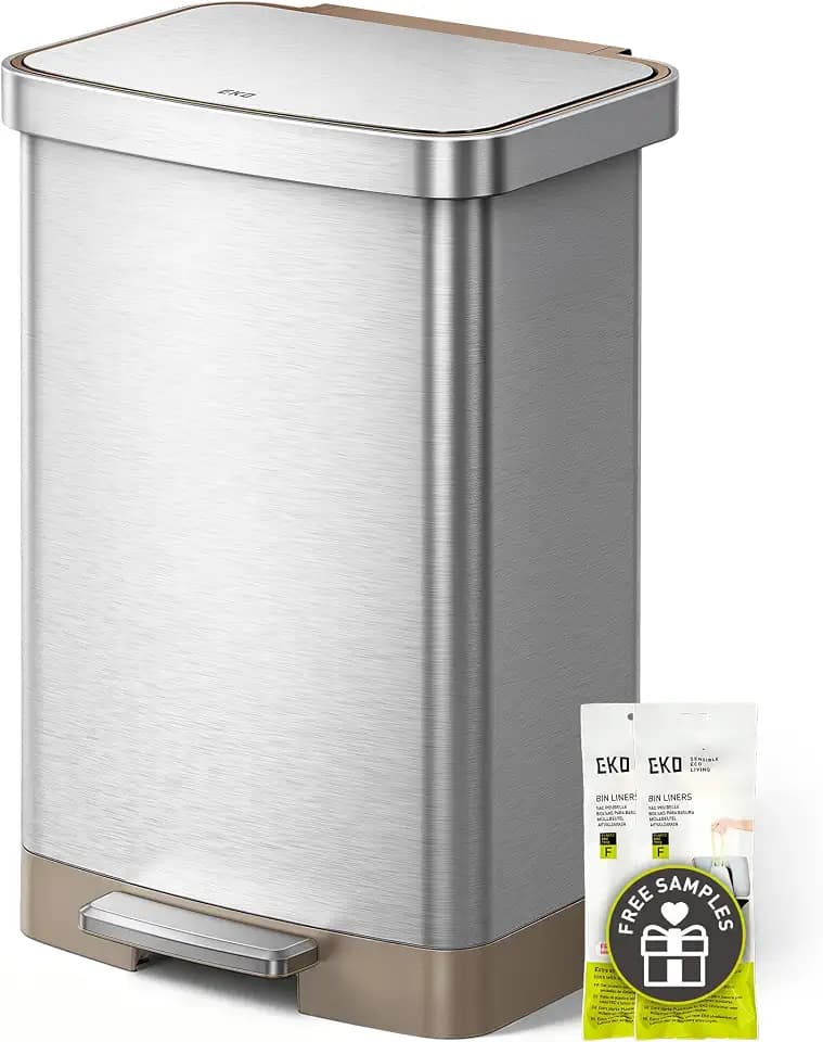 EKO Hudson Matte Stainless 50 Liter/13.2 Gallon Step Trash Can with Rear Trash Bag Storage Compartment