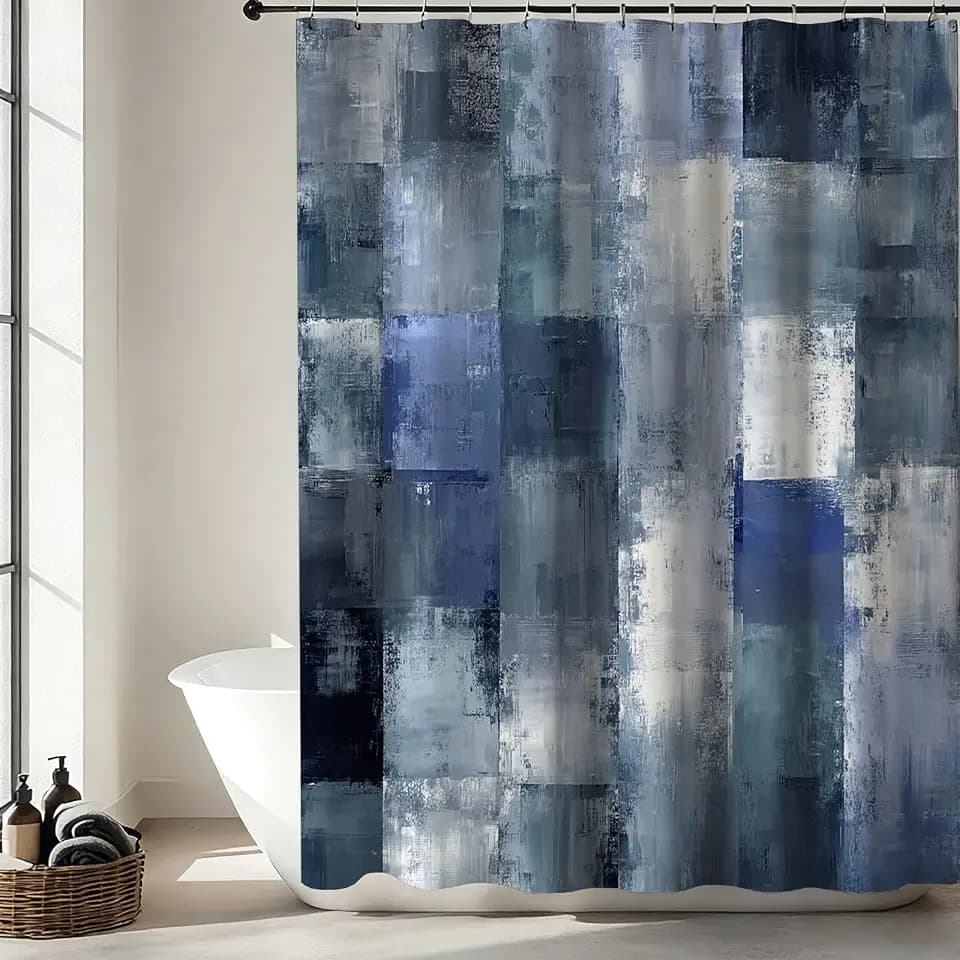 Mocsicka Blue Vintage Patchwork Shower Curtain, Modern Grey and Blue Shower Curtain, Waterproof Fabric Farmhouse Gingham Bath Curtain for Abstract Modern Bathroom Decor, 72 X 72 Inch