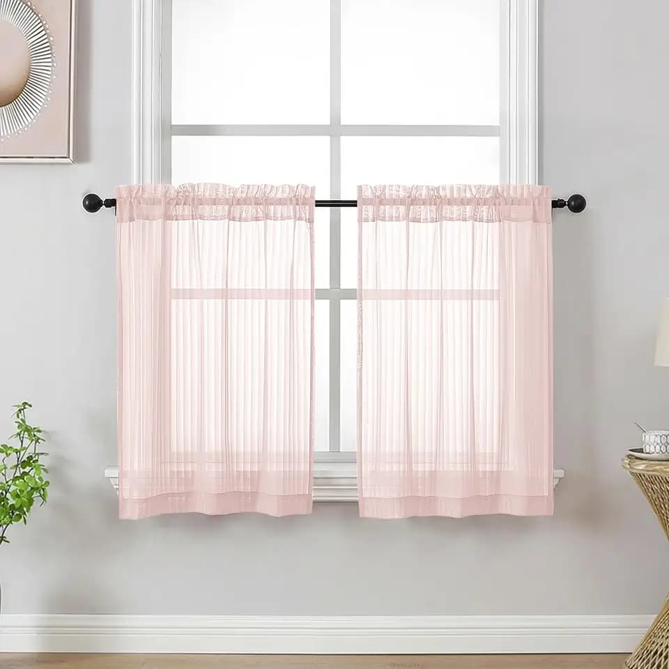 OWENIE Blush Striped Kitchen Curtains - Short Semi Sheer Cafe Curtains Tier 36 Inch Length 2 Panels Set, Light Filtering Textured Airy Modern Drapes for Bathroom Bedroom Small Window, 2PCS 30" Wx36 L