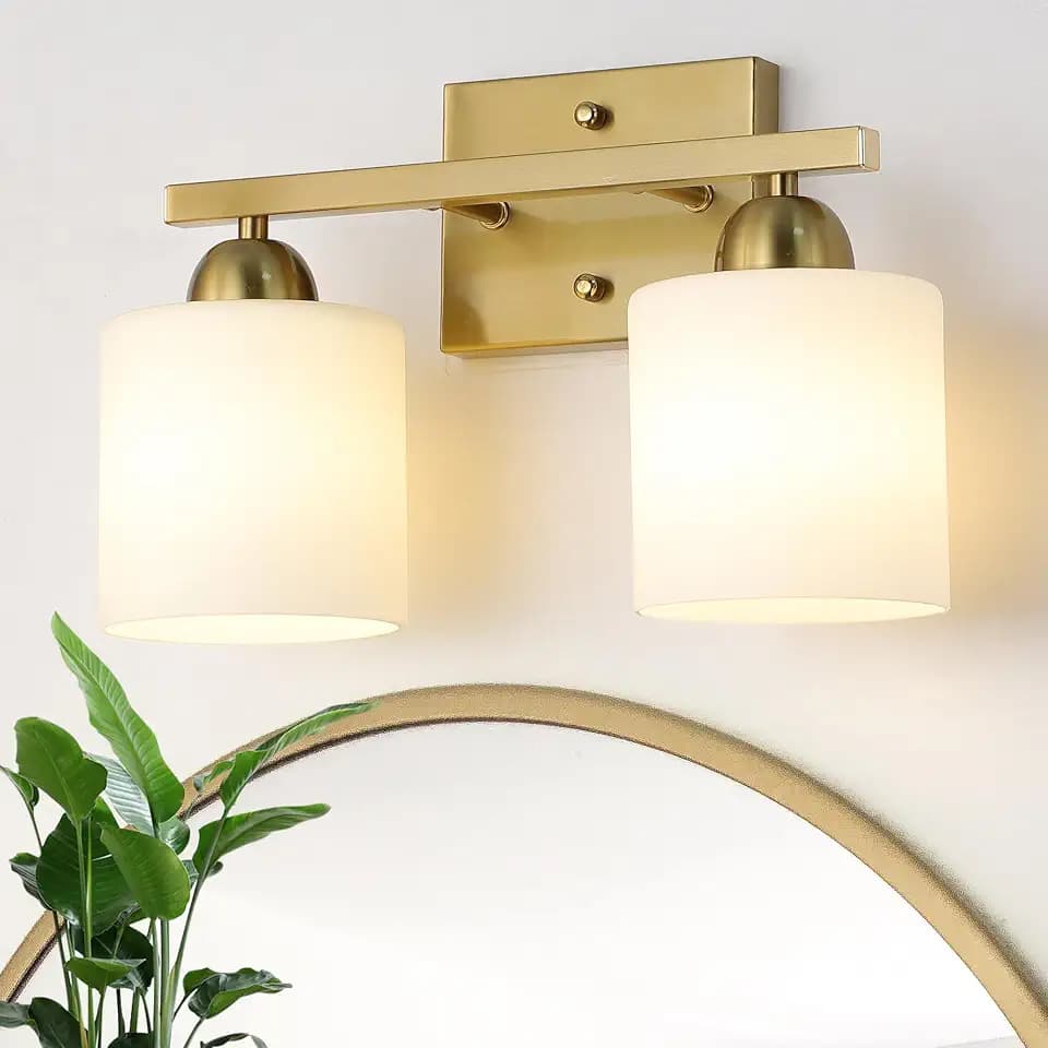 Mecgirn Stainless Steel Milk Glass Vanity Lights for Bathroom, 2 Light Gold Bathroom Light Fixtures Over Mirror, Ceramic E26 Sockets Wall Mounted