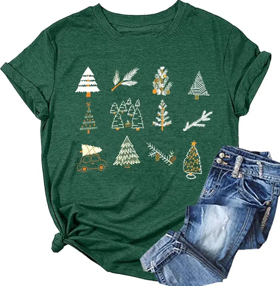 Christmas Shirts Women Merry Christmas Tree Printed T-Shirts Short Sleeve Holiday Tee Xmas Gift Tops
