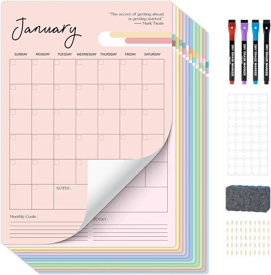 Ospelelf Undated Dry Erase Wall Calendar 12 Month, 12" x 17" Laminated Calendar Monthly Office Calendar 2026, 12 Sheets
