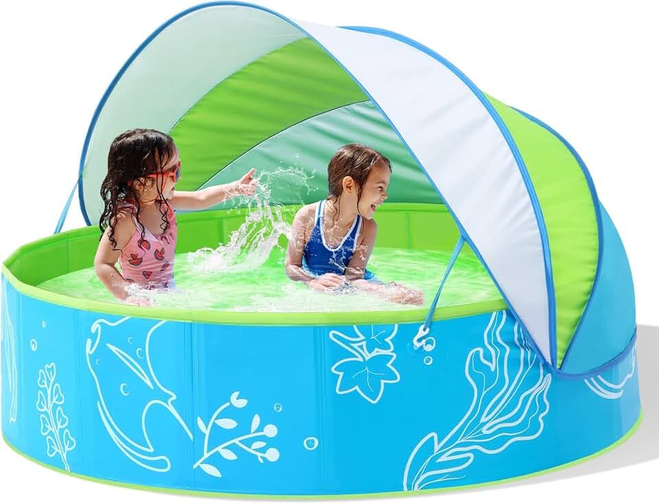 Hikiddy Planschbecken mit Schatten:31.5Zoll /47 Zoll / 63 Zoll Pop-Up Splash Pool mit Schatten für Sommer Strand Garten (Grün-blau, 120CM)