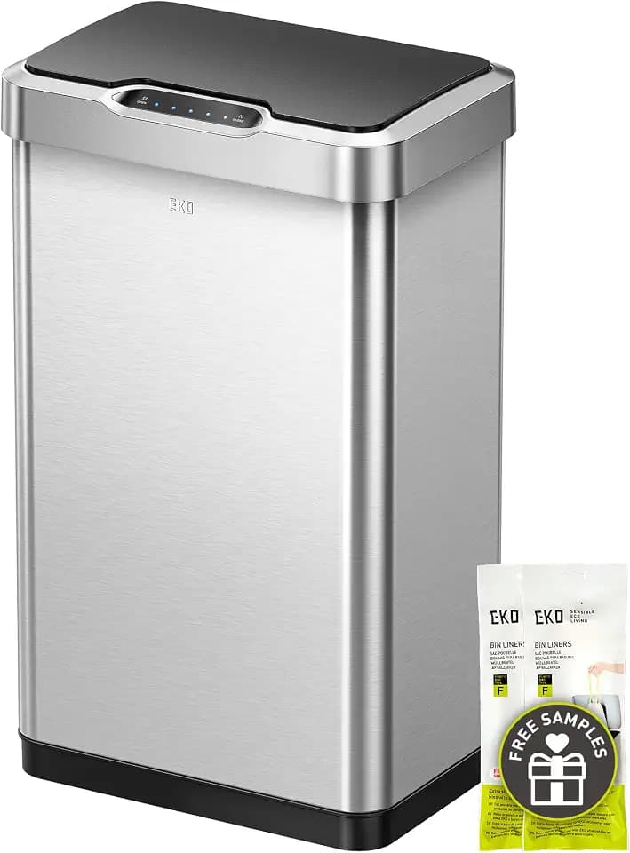 EKO Mirage-T 50 Liter / 13.2 Gallon Touchless Rectangular Motion Sensor Trash Can or Recycling Bin, Brushed Stainless Steel Finish