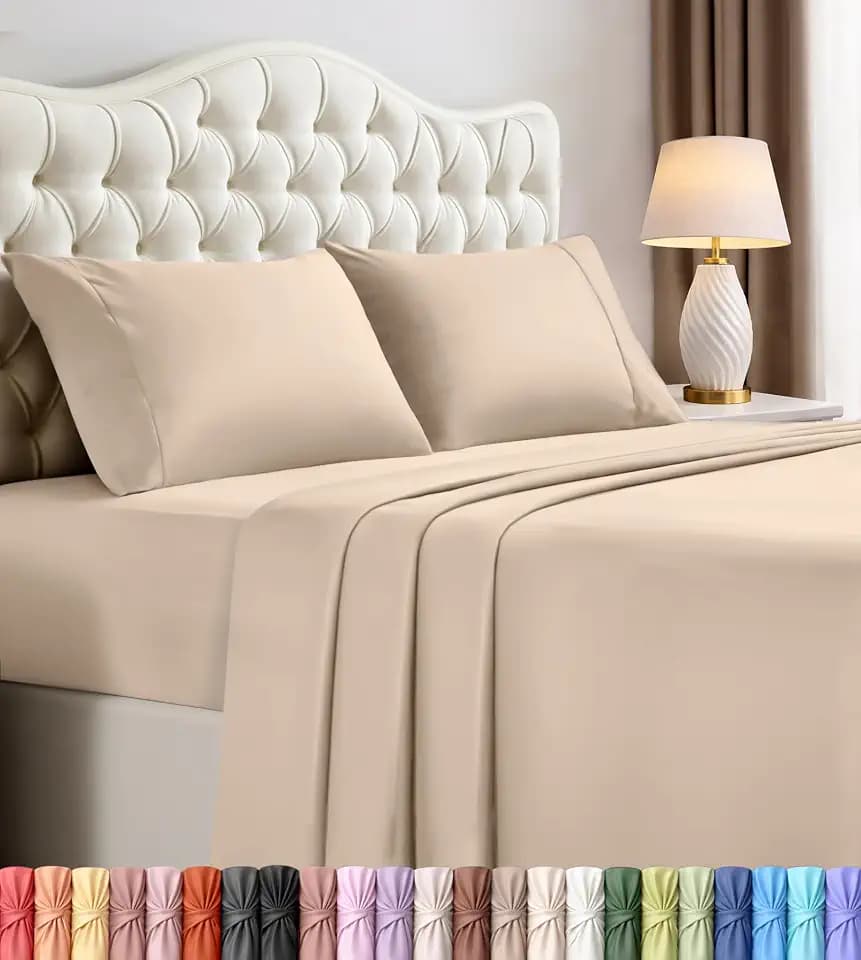 Queen Sheets Set, 4 Pieces 16" Deep Pocket Hotel Luxury Bed Sheets, Beige