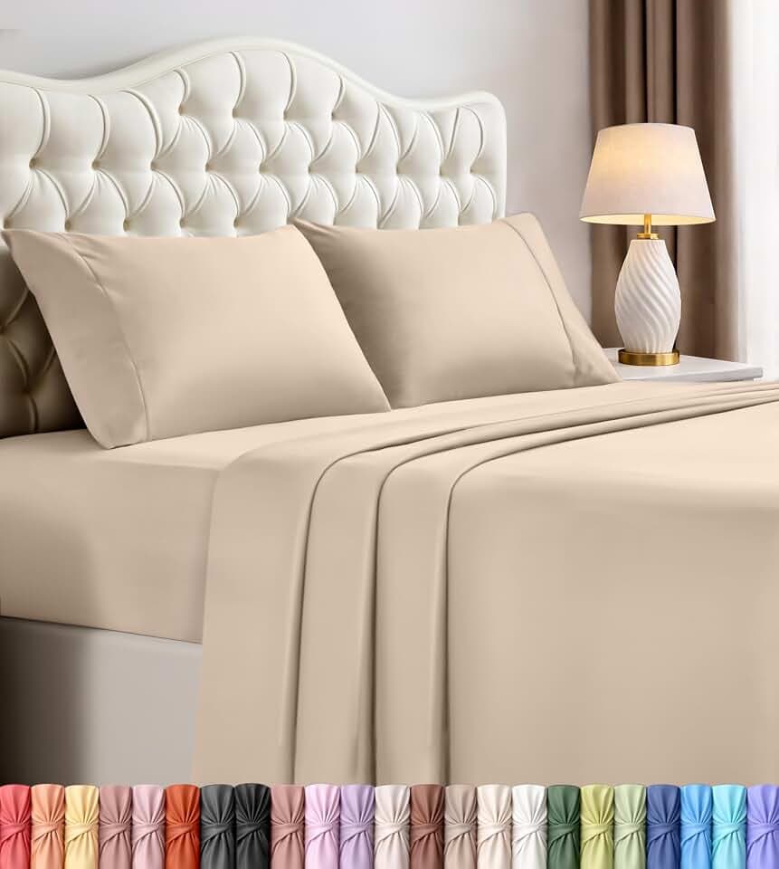 King Sheets Set, 4 Pieces 16" Deep Pocket Hotel Luxury Bed Sheets, Beige