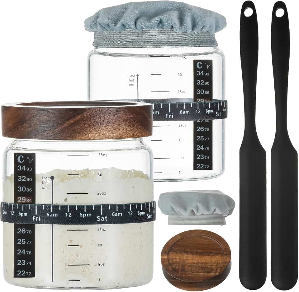 Sourdough Starter Jar 2Pack 35OZ with Ounce Scale Line,Date Marked Feeding Band, Thermometer, Sourdough Jar Scraper, Cloth Cover & Wood Lid, Wide Mouth for Sourdough Bread Baking