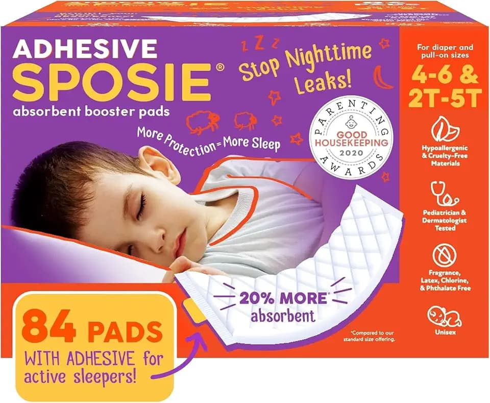 Sposie Overnight Diaper Booster Pads with Adhesive, Size 2T-5T, 84 Ct