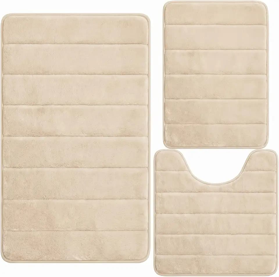 Bathroom Rugs Set 3 Piece, Memory Foam Bath Rugs, Non Slip Washable Bathroom Rug Set, Extra Soft Absorbent Bath Mats with U-Shaped Toilet Rug, Camel