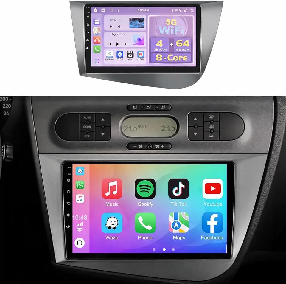 8 Core 4+64G Android Autoradio für Seat Leon 2005-2012 Wireless Carpaly Android Auto, 9'' IPS Bildschirm Autoradio mit Bluetooth 5.0/GPS/Rückfahrkamera/FM/WiFi/SWC