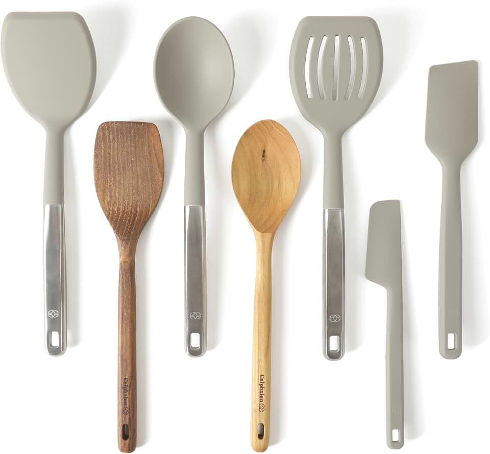 Calphalon Prime 7-Piece Silicone and Teak Wood Kitchen Tool Set, Stainless Steel Kitchen Utensil Set, Kitchen Spoon And Spatula Set, Heat Resistant Non-Slip Kitchen Gadgets Set - Taupe