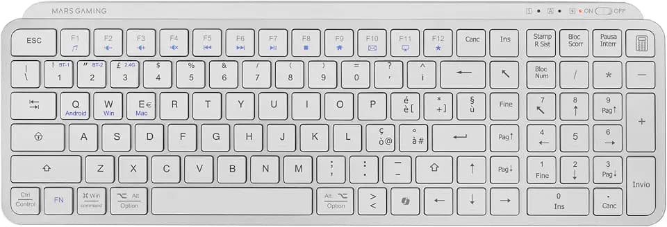 Mars Gaming MK-SILENKEYS, Italienisch, Kabellose Kompakte Full-Format-Tastatur, Flaches Profil, Geräuscharme Scheren-Schalter, Copilot AI-Taste, Bluetooth 5.1 Dual + 2.4GPRO, 200h, PC/Mac, Weiß