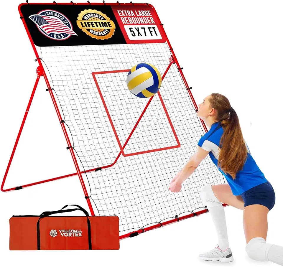 Volleyball Rebounder Net - 7' x 5' Adjustable Bounce Back Volleyball Practice Net Rebounder for Improving Bumping, Spiking, Serving - Portable Travel Training Equipment Designed by a Coach