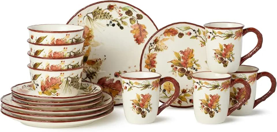 Autumn Meadows 16-Piece DINNERWARE SET, SERVICE for 4 — Complete harvest table artistry for four, uniting hand-painted botanicals, warm russet rims, and the golden glow of the season.
