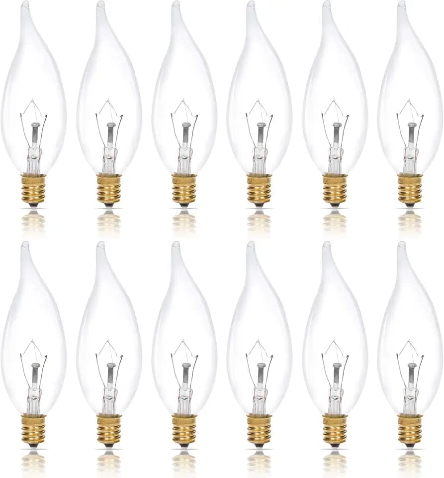 Simba Lighting Candelabra Flame Tip Clear CA10 40W E12 Base 120V, 12 Pack