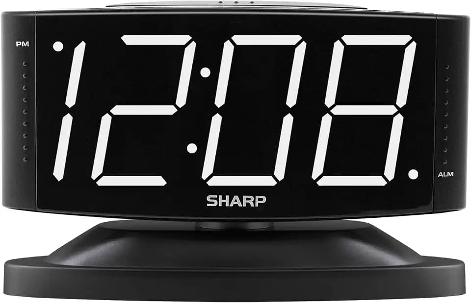 Sharp Digital Alarm Clock with Swivel Base, White LED, Dimmer, Black