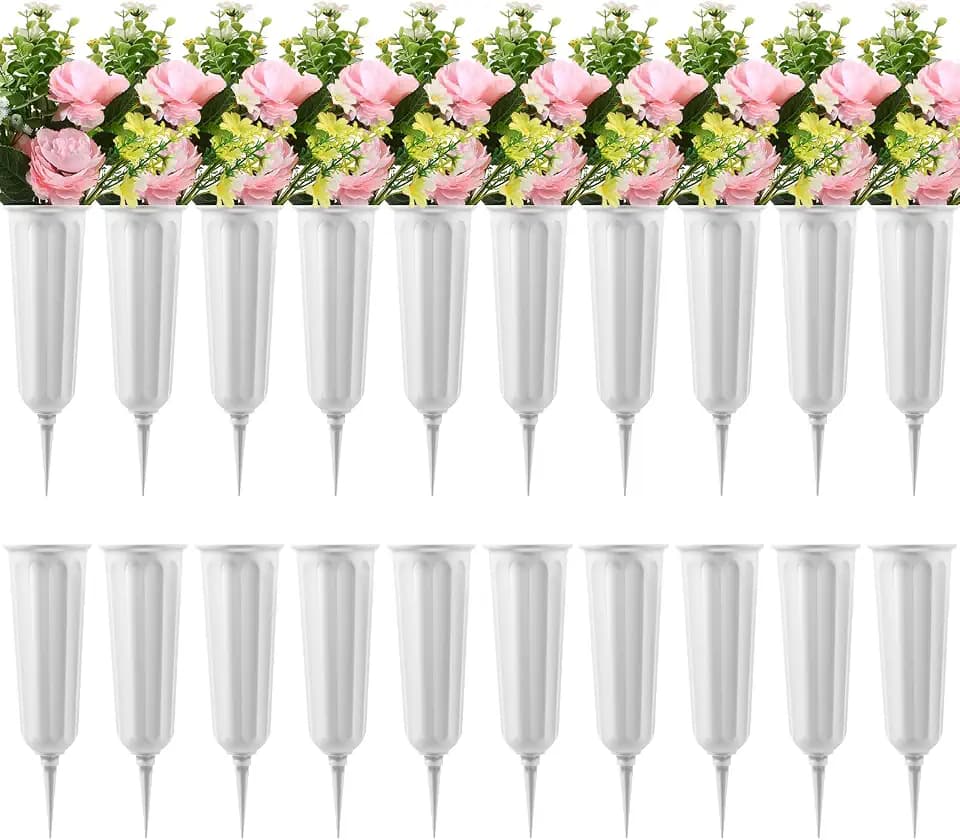 20 Pack Cemetery Vases with Spikes,Plastic Vases for Flowers,Grave Decorations for Cemetery,Grave Flower Holder,Memorial Floral Vase(White)