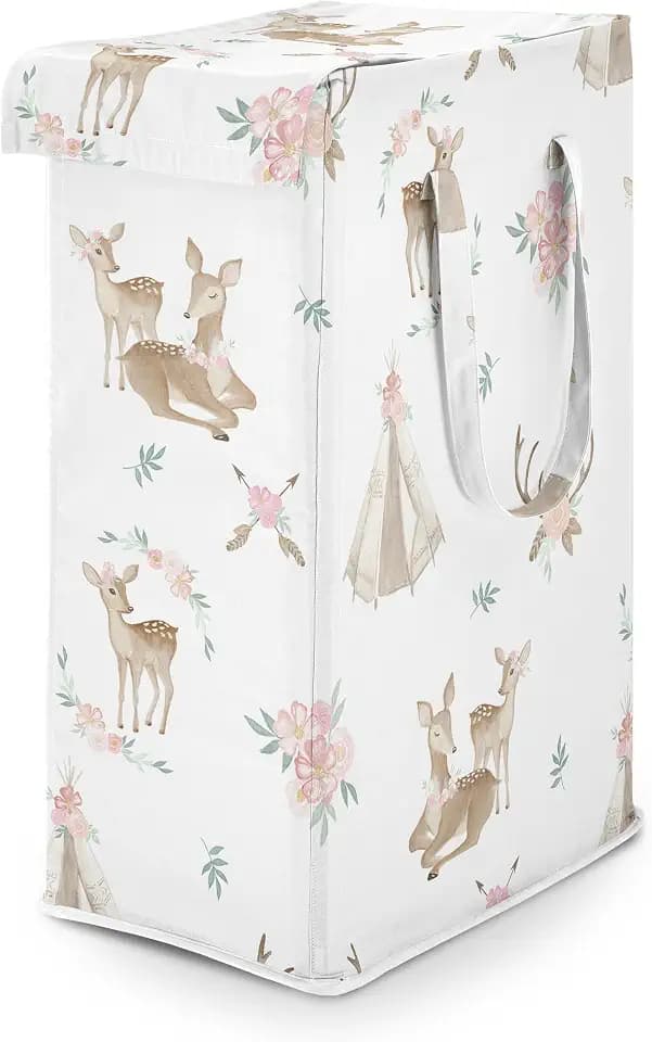 Sweet Jojo Designs Woodland Deer Floral Girl Laundry Hamper Foldable Dirty Clothes Basket with Handles Baby Nursery Kids Bedroom Teen Bathroom Pink Green Boho Watercolor Bohemian Forest Animals Shabby