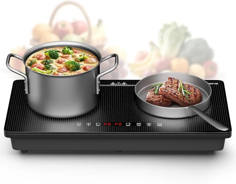 1800W Dual Induction Cooktop with White Speckled Panel, Two 900W Heating Zones, Full Touch Control, 8-Level Power Adjustment, Timer, Easy-Clean Ceramic Glass Surface