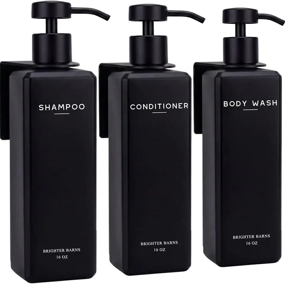 Black Shampoo and Conditioner Dispenser Set Wall Mounted by Brighter Barns - Shampoo Conditioner Body Wash Dispenser - 16oz No Drill Shower Soap Bottles for Hotel, Spa, Vacation Rental, Gifts (Black)