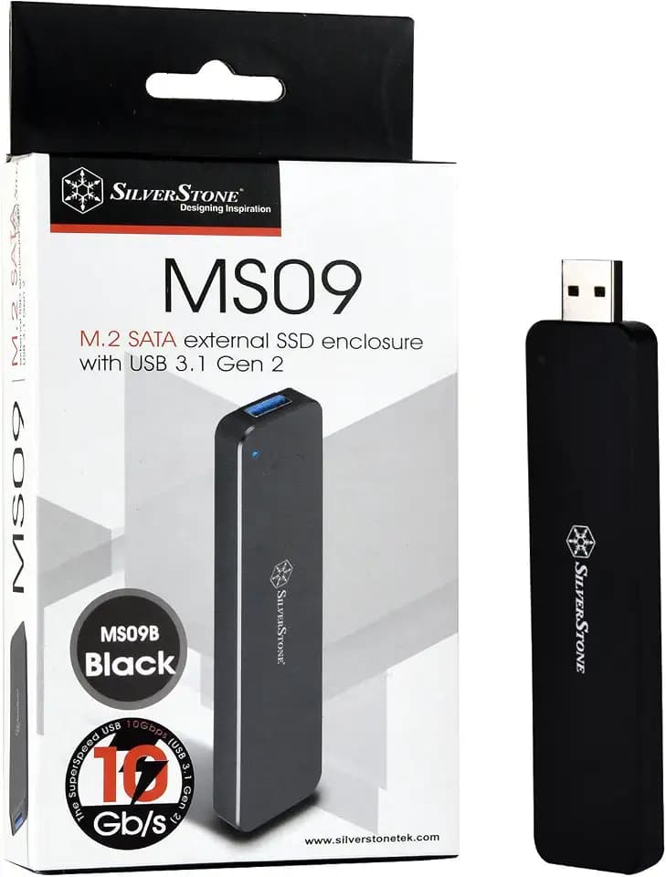SilverStone Technology M.2 SATA SSD auf USB 3.1 Gen 2 Gehäuse mit einziehbarem Aluminium USB Typ-A Gehäuse in schwarz MS09B