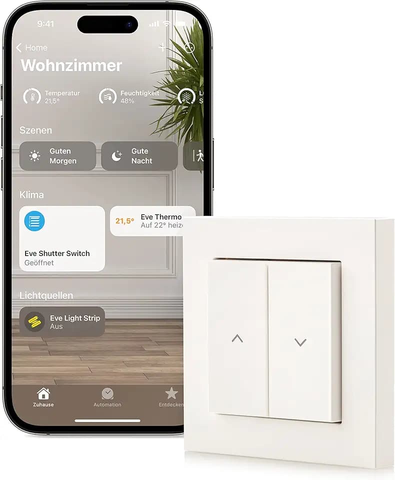 Eve Shutter Switch (Apple Home) - Smarte Rollladensteuerung mit integrierten Zeitplänen, Adaptive Beschattung, Siri-Sprachsteuerung, Zeitschaltuhr, Fernzugriff, keine Bridge nötig, Bluetooth/Thread