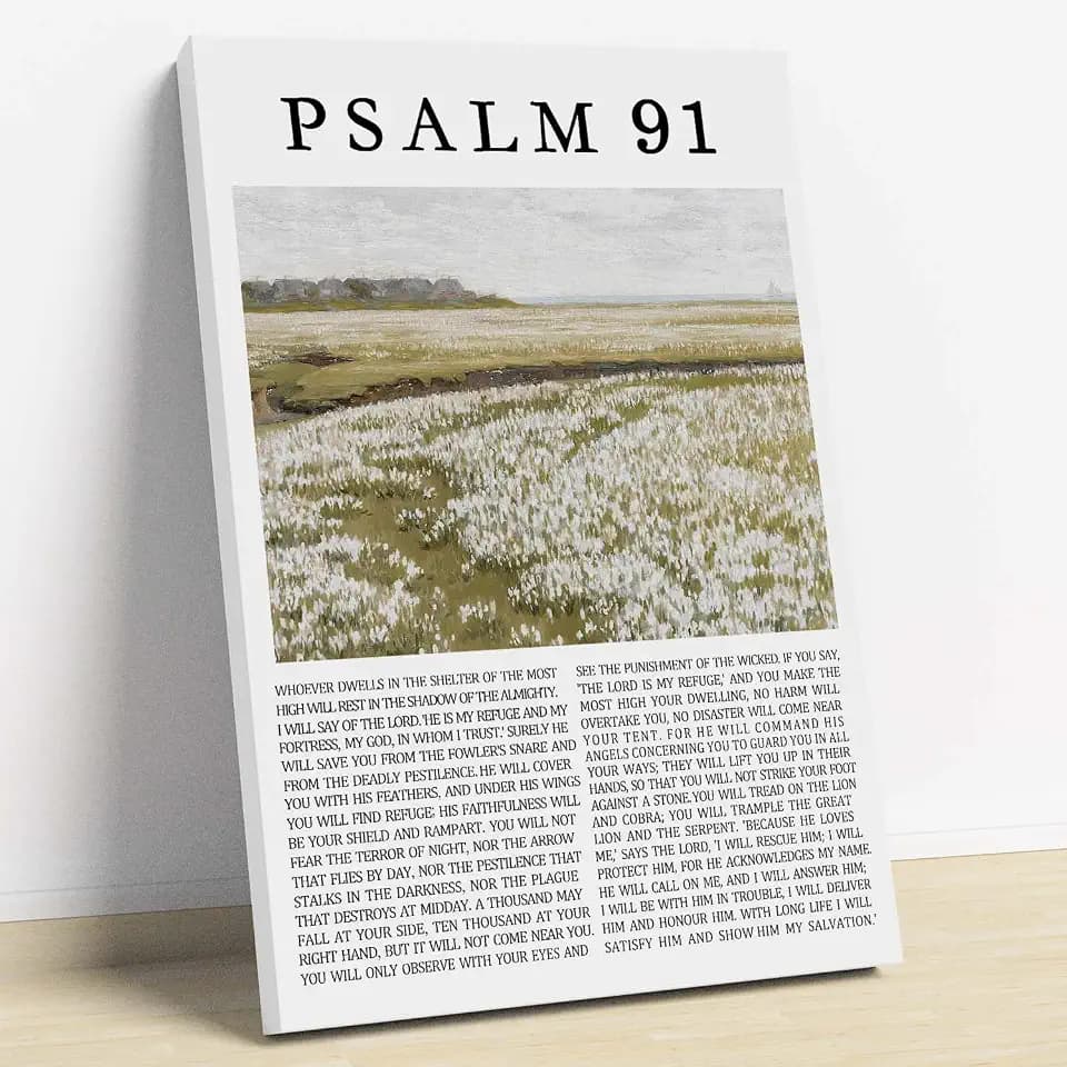 Psalm 91 Wall Art Flower Landscape Canvas Wall Art Vintage Painting Inspirational Bible Verse Wall Art Christian Pictures Jesus Artwork for Bedroom Christian Scripture Posters 16x24inch Wood Framed