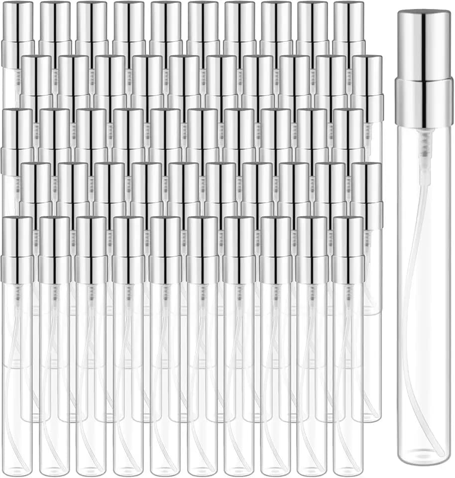 50 Pcs 10ml/0.34oz Fine Mist Glass Bottle Mini Transparent Spray Vials Empty Refillable Perfume Bottles for Cosmetic Perfume Liquid Sample DIY Sprays - Silver Lids