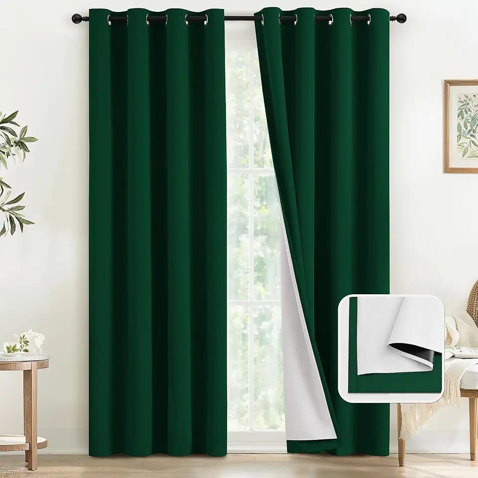 COSVIYA Drak Green 100% Blackout Curtains for Bedroom with White Back