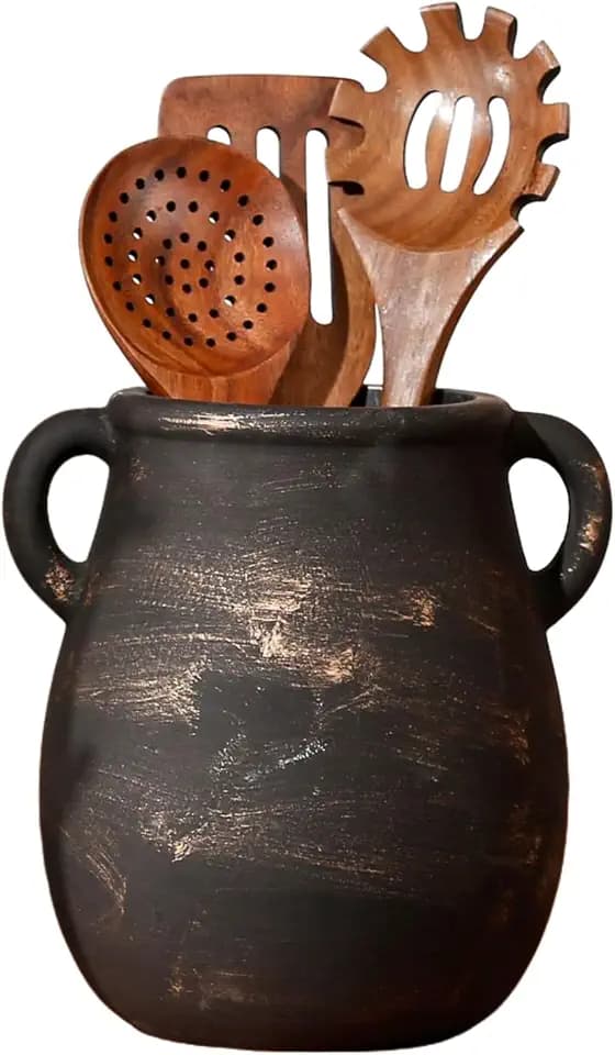 Rustic Kitchen Utensil Holder, Ceramic Utensil Crock for Kitchen Counter