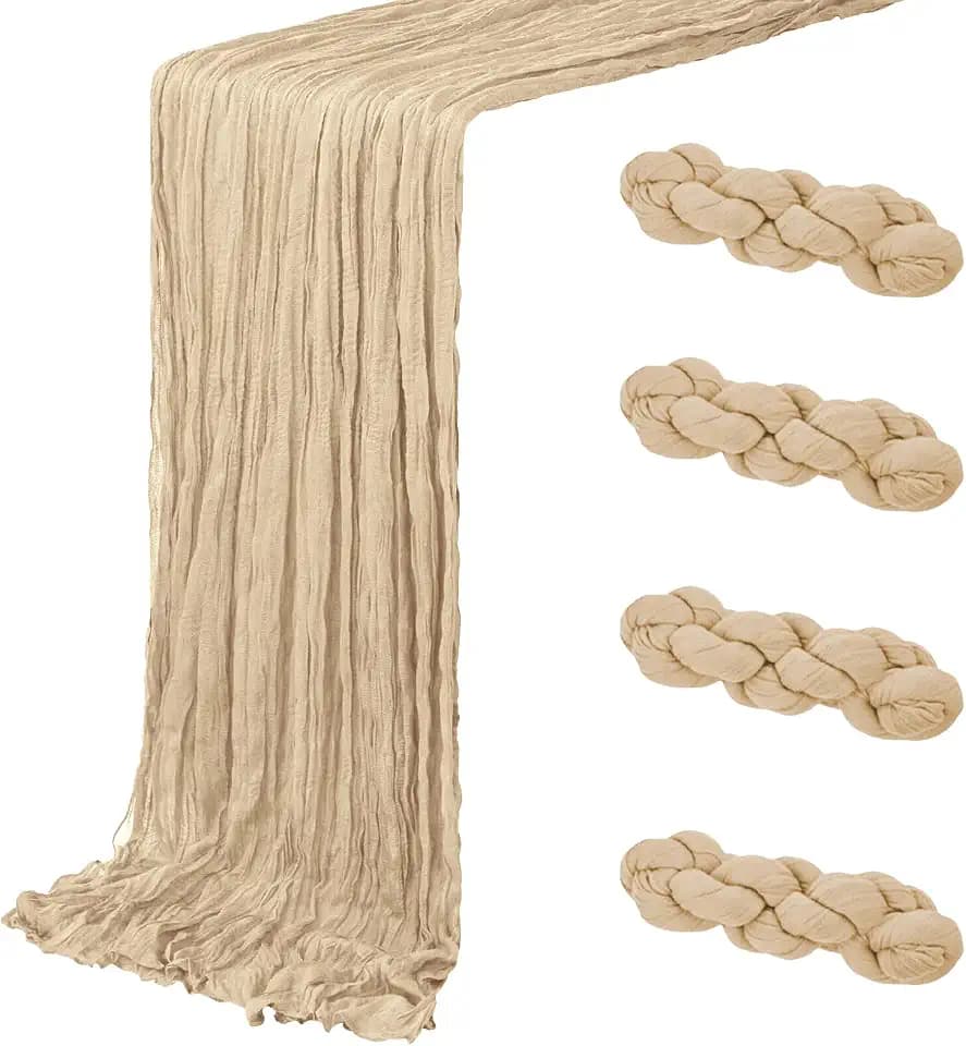 4 Pack Beige Cheesecloth Table Runner 20 x 120 inch Gauze Table Runners 10 FT Long,Semi Sheer Boho Cheese Cloth Fabric Table Runner Bulk for Party,Wedding,Baby Shower,Bridal Shower Decoration