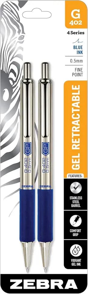 Zebra Pen STEEL G-402 Retractable Gel Pen, Blue Ink, 0.5mm, 2-Pack