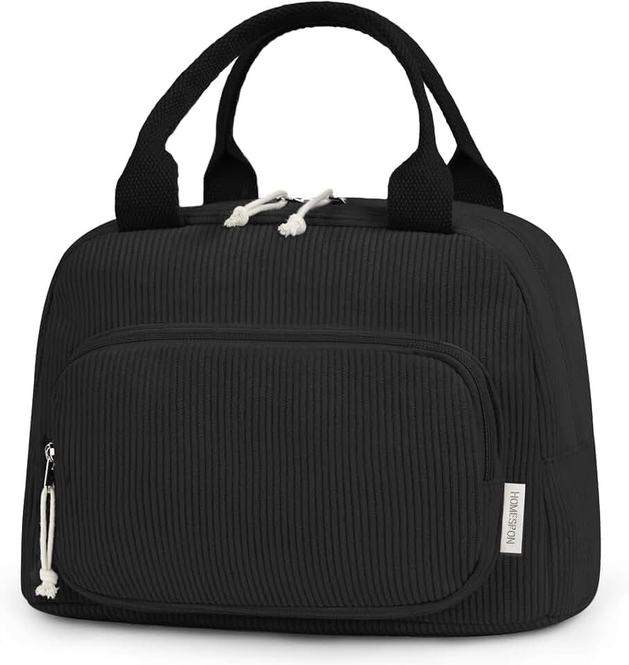 HOMESPON Corduroy Insulated Lunch Bag Cute Tote for Women, Black