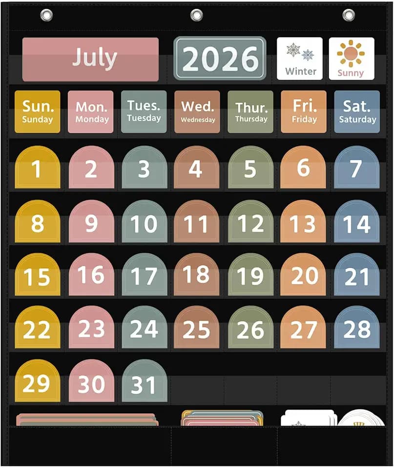 REGELETO Large Boho Calendar Pocket Chart with 96 Cards for Classroom, Size:32.25 x 24.125 inch Black Monthly Calendar and Weather Pocket Chart for Student Learning for Home or School.