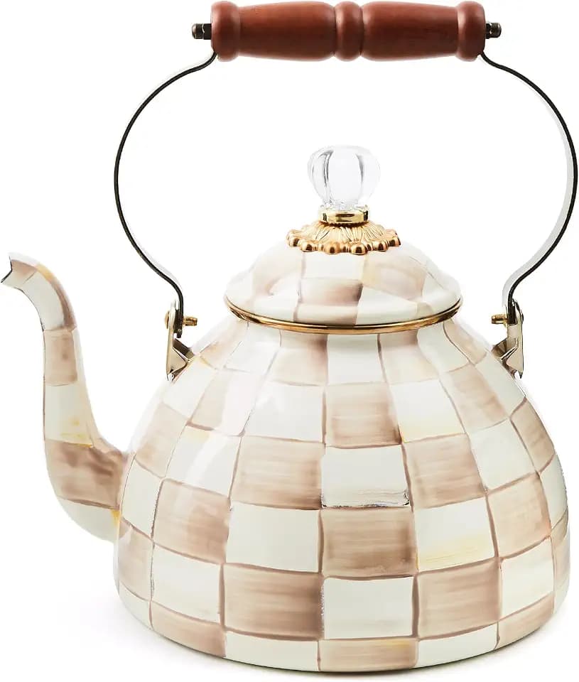 MACKENZIE-CHILDS Tea Kettle, 3 Quarts, Brown-and-White Mocha Check
