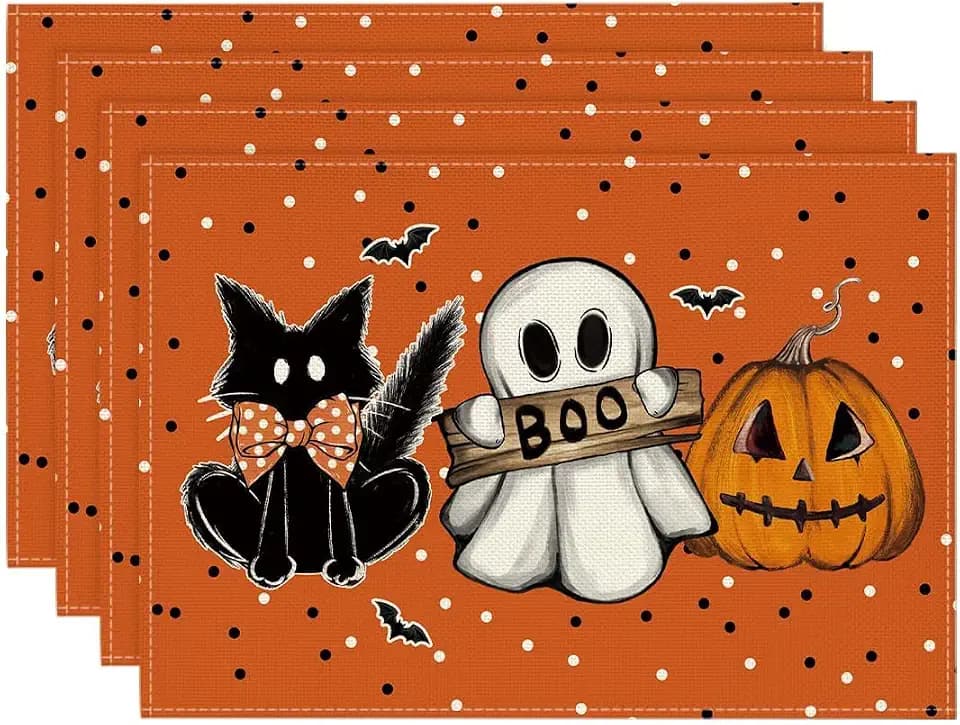 Artoid Mode Orange Cat Ghost Boo Halloween Placemat Set of 4-12 x 18 Inch