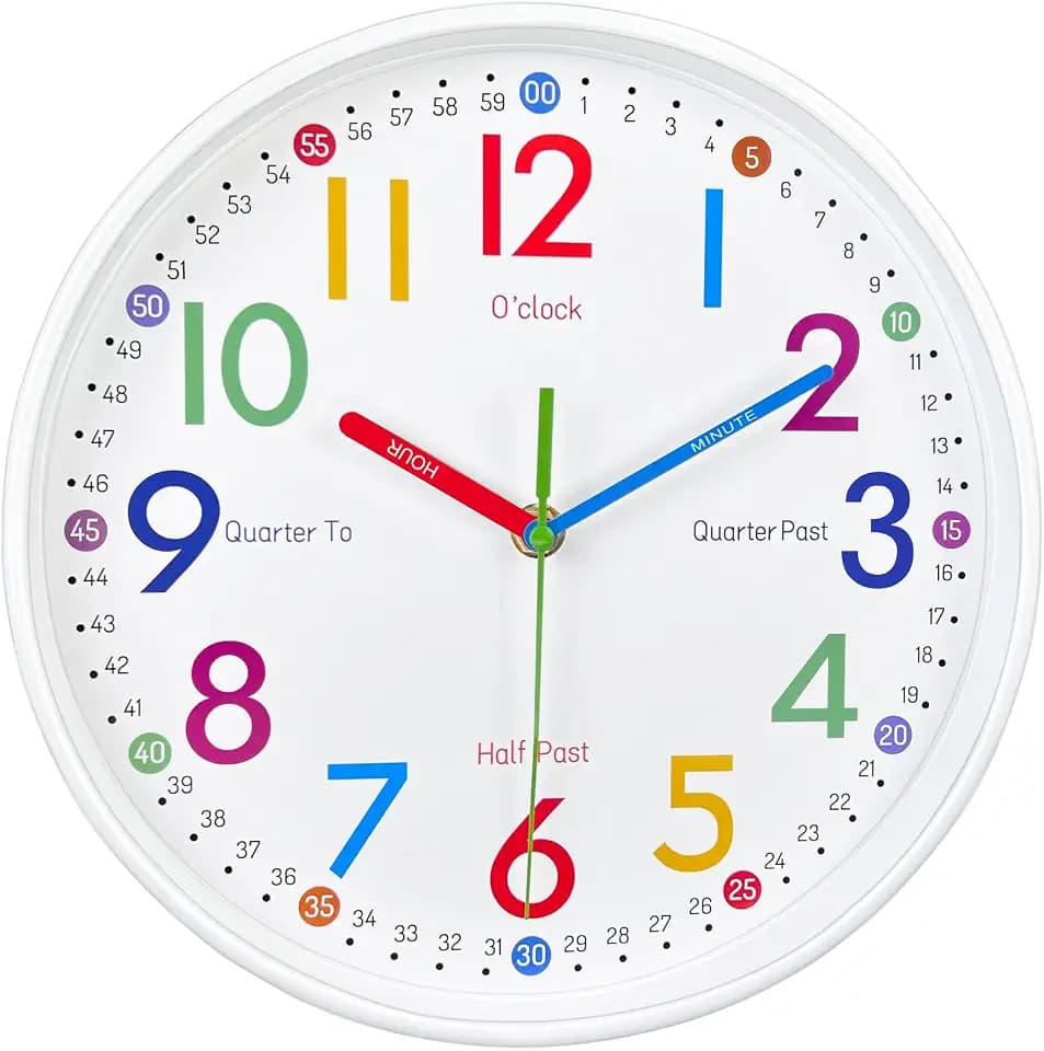 Wall Clock for Kids Learning to Teaching Time Wall Clocks Battery Operated Silent Non Ticking - Analog Colorful Clock Decorative for Kids Room,Classroom,School,nursery school,playroom(12 Inch)